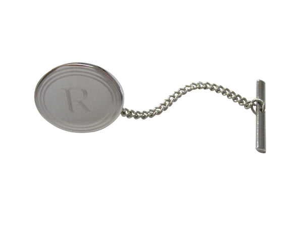 Silver Toned Etched Oval Letter R Monogram Tie Tack