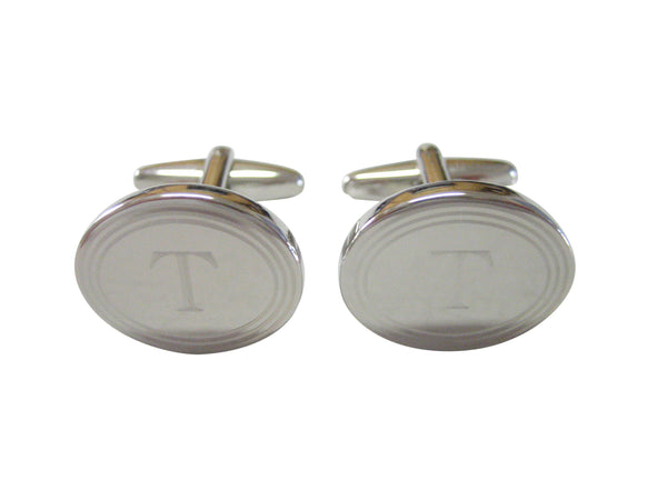 Silver Toned Etched Oval Letter T Monogram Cufflinks