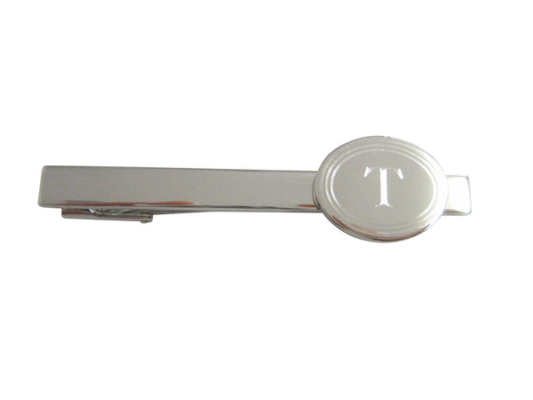 Silver Toned Etched Oval Letter T Monogram Square Tie Clip