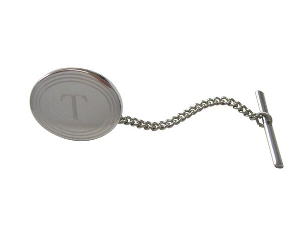 Silver Toned Etched Oval Letter T Monogram Tie Tack