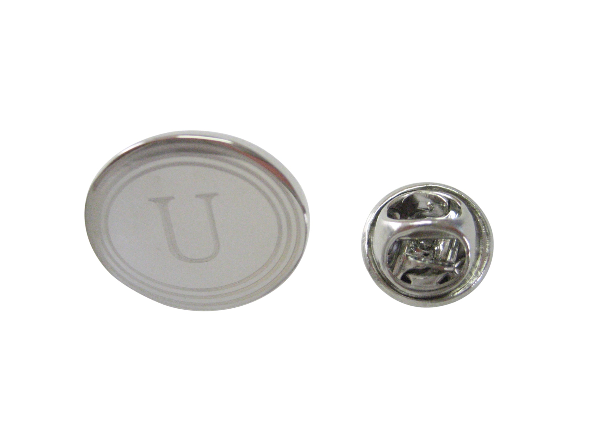 Silver Toned Etched Oval Letter U Monogram Lapel Pin