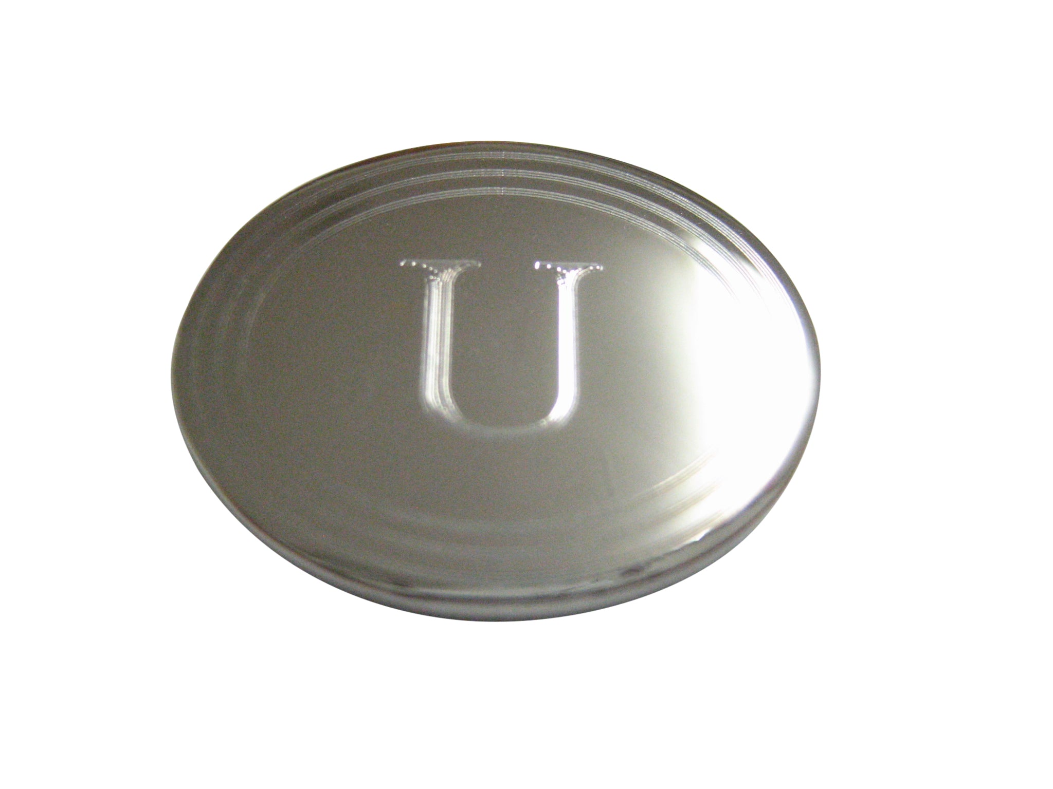 Silver Toned Etched Oval Letter U Monogram Magnet