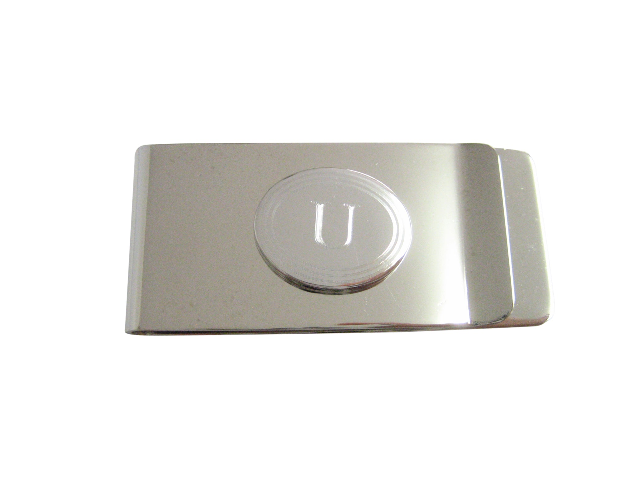 Silver Toned Etched Oval Letter U Monogram Money Clip