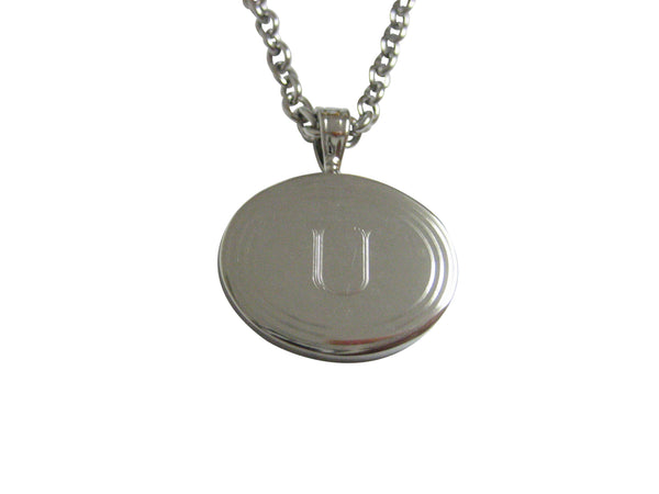 Silver Toned Etched Oval Letter U Monogram Pendant Necklace