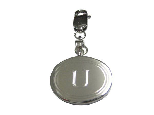 Silver Toned Etched Oval Letter U Monogram Pendant Zipper Pull Charm