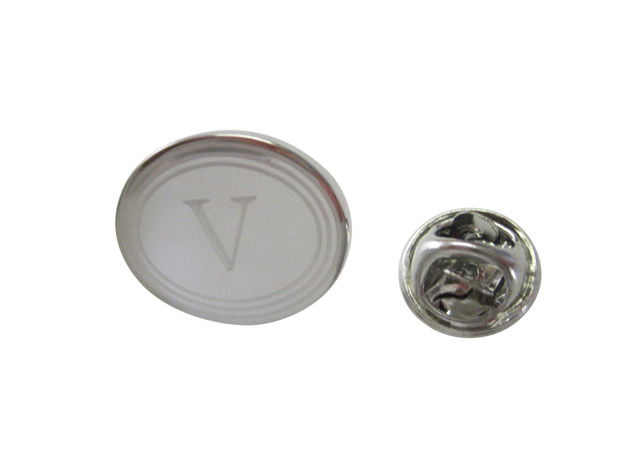 Silver Toned Etched Oval Letter V Monogram Lapel Pin