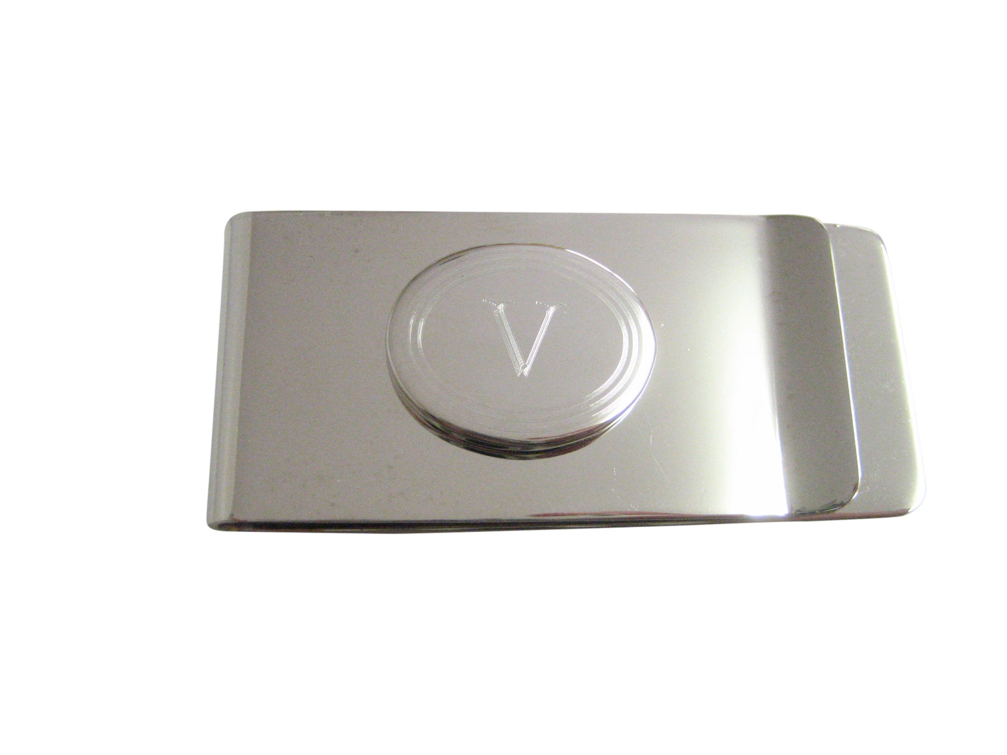 Silver Toned Etched Oval Letter V Monogram Money Clip
