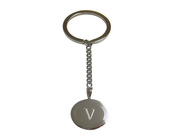 Silver Toned Etched Oval Letter V Monogram Pendant Keychain