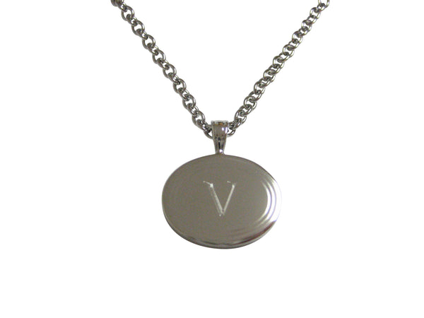 Silver Toned Etched Oval Letter V Monogram Pendant Necklace