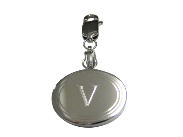 Silver Toned Etched Oval Letter V Monogram Pendant Zipper Pull Charm