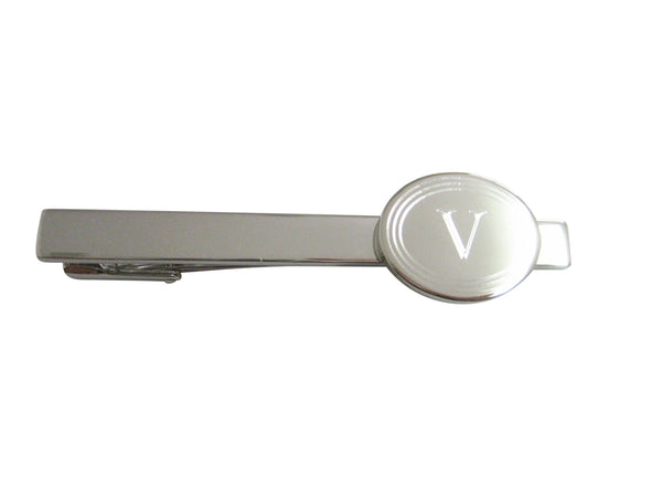 Silver Toned Etched Oval Letter V Monogram Square Tie Clip