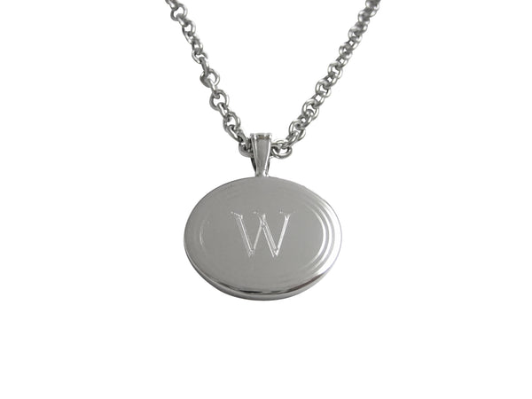 Silver Toned Etched Oval Letter W Monogram Pendant Necklace