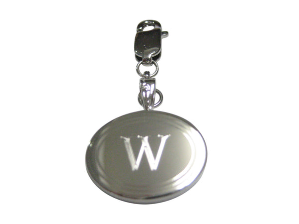 Silver Toned Etched Oval Letter W Monogram Pendant Zipper Pull Charm