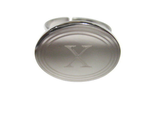 Silver Toned Etched Oval Letter X Monogram Adjustable Size Fashion Ring