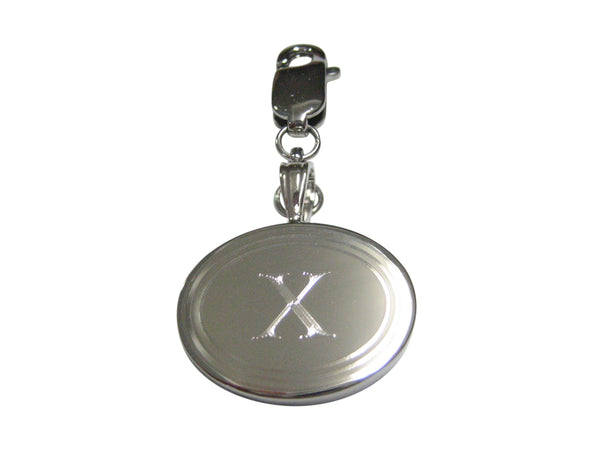 Silver Toned Etched Oval Letter X Monogram Pendant Zipper Pull Charm