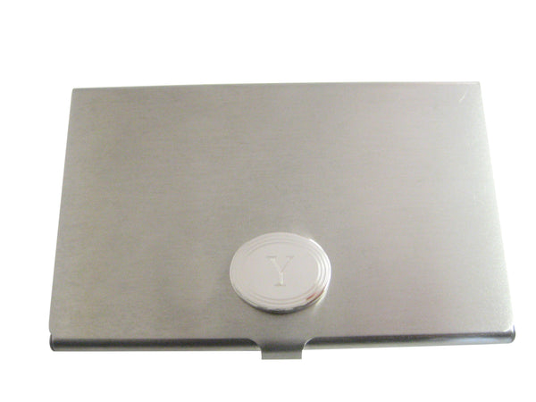 Silver Toned Etched Oval Letter Y Monogram Business Card Holder