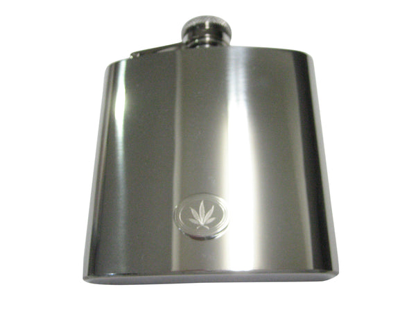 Silver Toned Etched Oval Marijuana Weed Leaf 6oz Flask