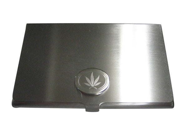 Silver Toned Etched Oval Marijuana Weed Leaf Business Card Holder
