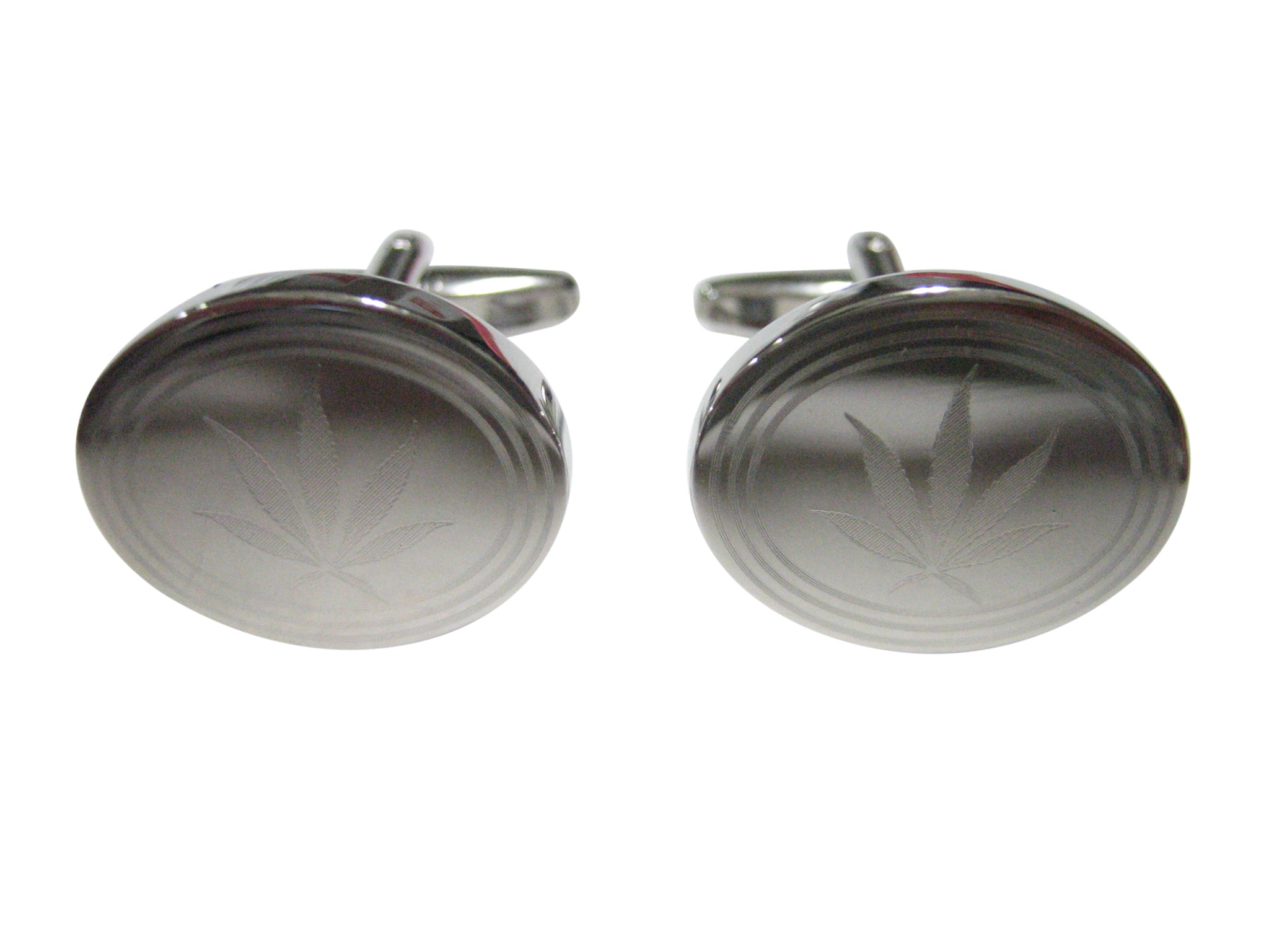 Silver Toned Etched Oval Marijuana Weed Leaf Cufflinks