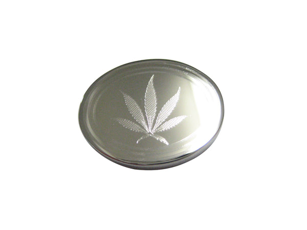 Silver Toned Etched Oval Marijuana Weed Leaf Magnet