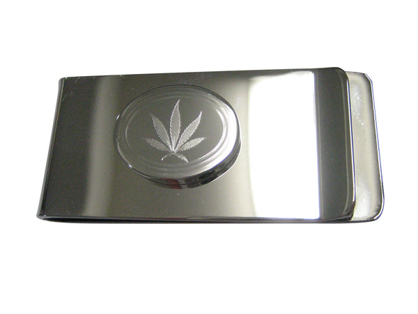 Silver Toned Etched Oval Marijuana Weed Leaf Money Clip