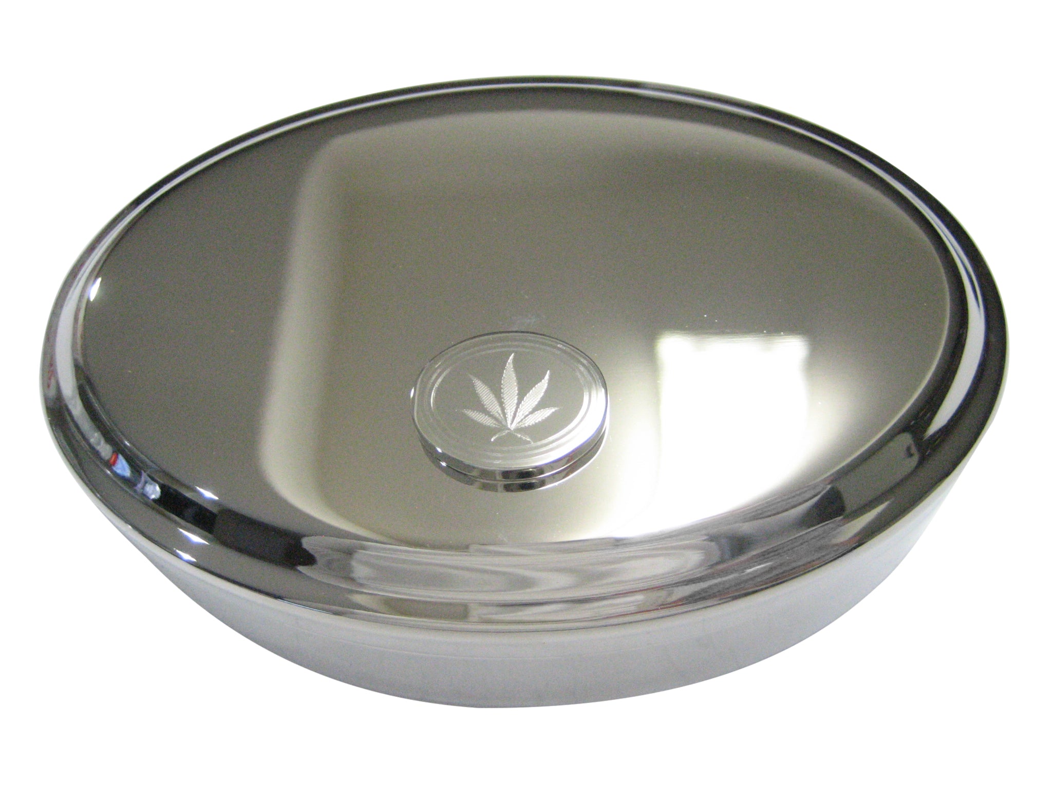 Silver Toned Etched Oval Marijuana Weed Leaf Oval Trinket Jewelry Box