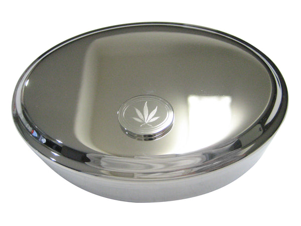 Silver Toned Etched Oval Marijuana Weed Leaf Oval Trinket Jewelry Box