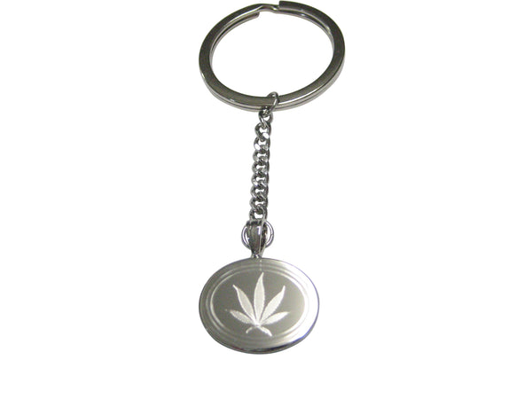 Silver Toned Etched Oval Marijuana Weed Leaf Pendant Keychain