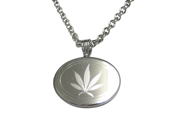 Silver Toned Etched Oval Marijuana Weed Leaf Pendant Necklace