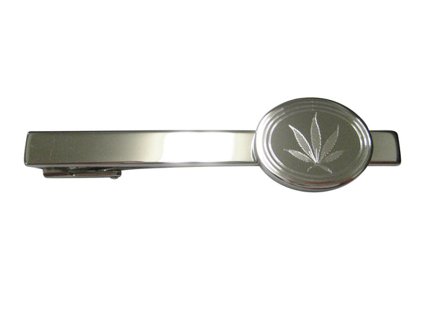 Silver Toned Etched Oval Marijuana Weed Leaf Tie Clip