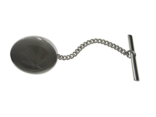 Silver Toned Etched Oval Marijuana Weed Leaf Tie Tack