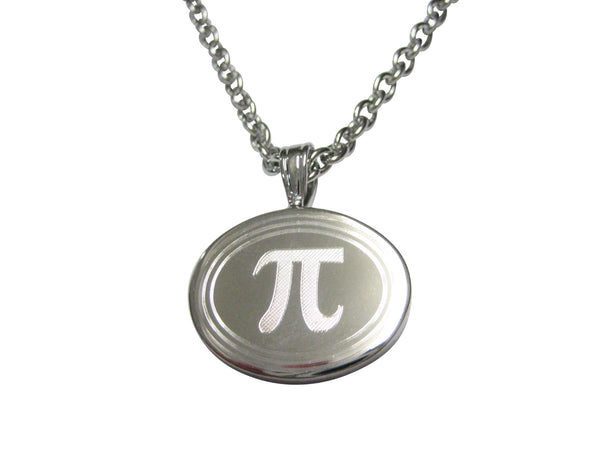 Silver Toned Etched Oval Mathematical Pi Symbol Pendant Necklace