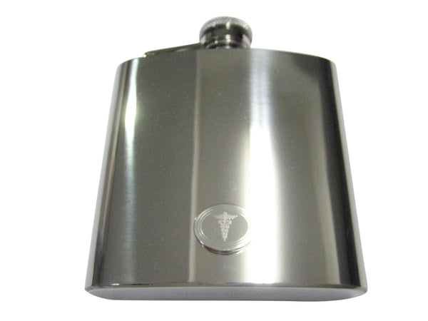 Silver Toned Etched Oval Medical Caduceus Symbol 6oz Flask