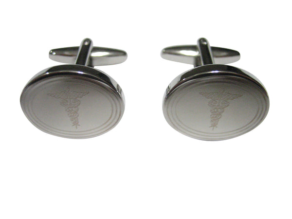 Silver Toned Etched Oval Medical Caduceus Symbol Cufflinks