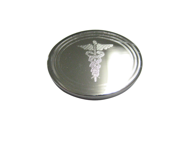 Silver Toned Etched Oval Medical Caduceus Symbol Magnet