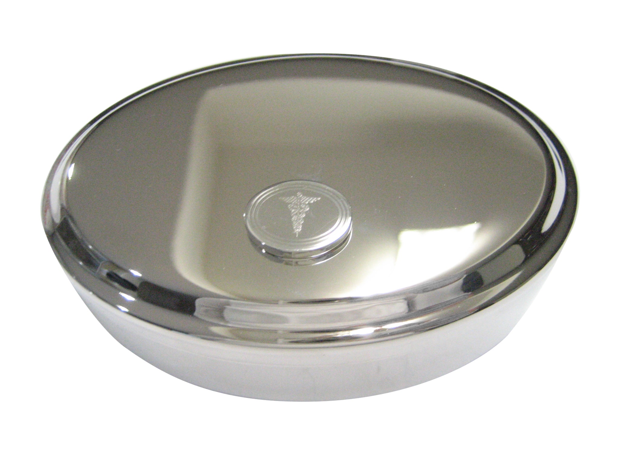 Silver Toned Etched Oval Medical Caduceus Symbol Oval Trinket Jewelry Box