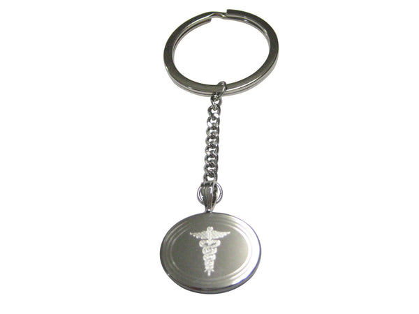 Silver Toned Etched Oval Medical Caduceus Symbol Pendant Keychain