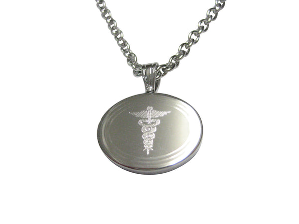 Silver Toned Etched Oval Medical Caduceus Symbol Pendant Necklace