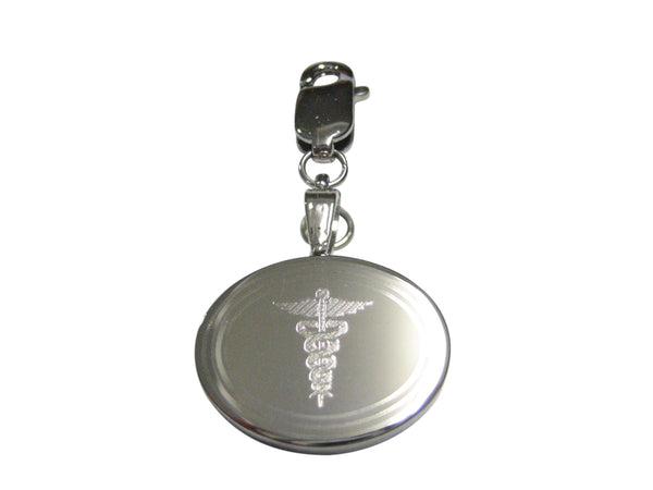 Silver Toned Etched Oval Medical Caduceus Symbol Pendant Zipper Pull Charm