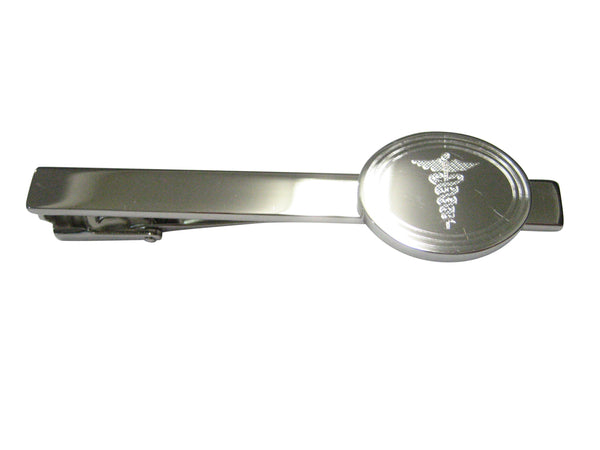 Silver Toned Etched Oval Medical Caduceus Symbol Tie Clip