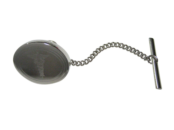 Silver Toned Etched Oval Medical Caduceus Symbol Tie Tack