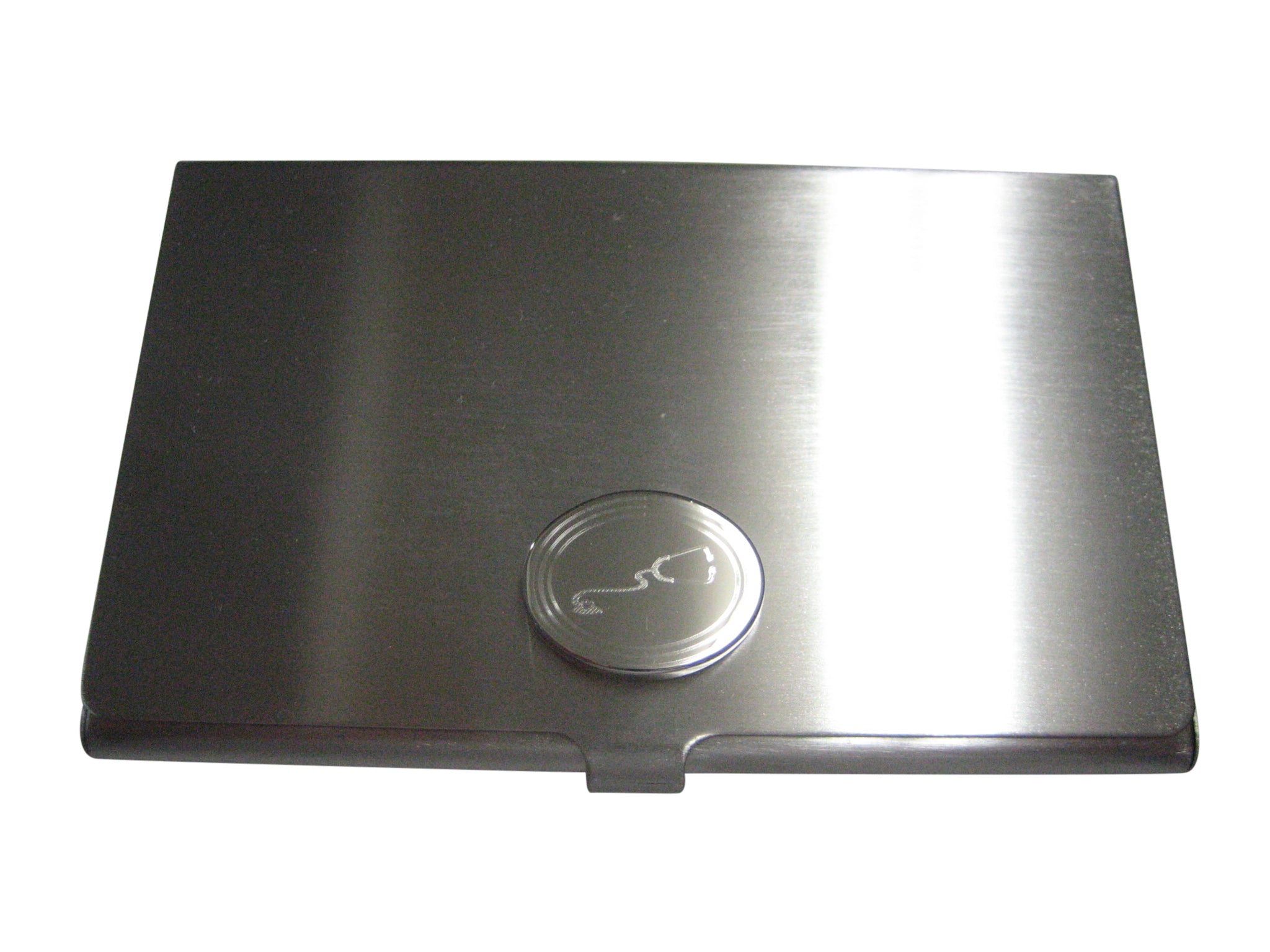 Silver Toned Etched Oval Medical Stethoscope Business Card Holder