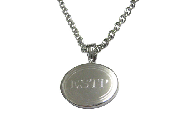 Silver Toned Etched Oval Myers Briggs ESTP Pendant Necklace