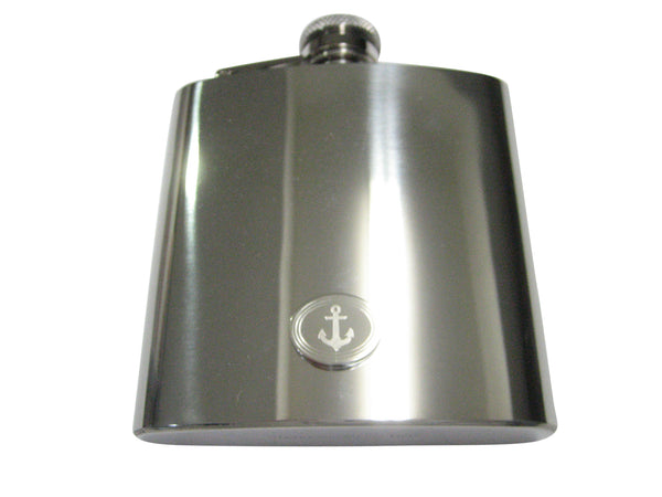 Silver Toned Etched Oval Nautical Anchor 6oz Flask