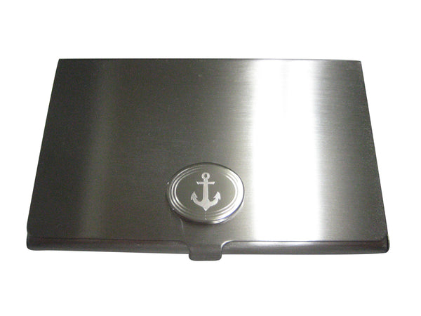 Silver Toned Etched Oval Nautical Anchor Business Card Holder