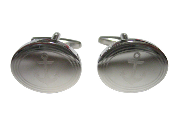 Silver Toned Etched Oval Nautical Anchor Cufflinks