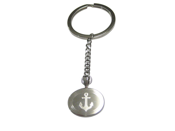 Silver Toned Etched Oval Nautical Anchor Pendant Keychain