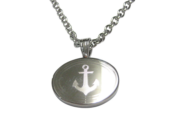 Silver Toned Etched Oval Nautical Anchor Pendant Necklace