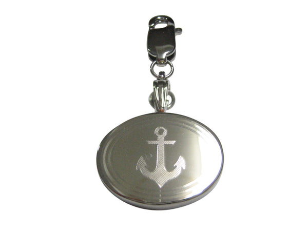 Silver Toned Etched Oval Nautical Anchor Pendant Zipper Pull Charm