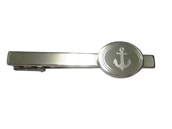 Silver Toned Etched Oval Nautical Anchor Square Tie Clip